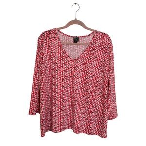 Clara Sun Woo V Neck Knit Top Size XL Red White Black Geometric Print 3/4 Sleeve